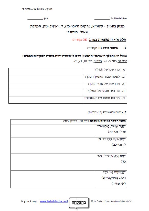 מבחן בתנ"ך לכיתה ז - ספר שמואל א, פרקים ט(כו-כז), י, יא(יב-טו), המלכת שאול - תכנית חדשה

